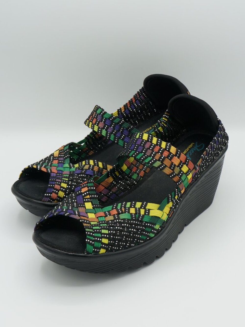 Skechers Women's Woven Elastic Wedge Sandals Multi-Color Memory Foam Size 7